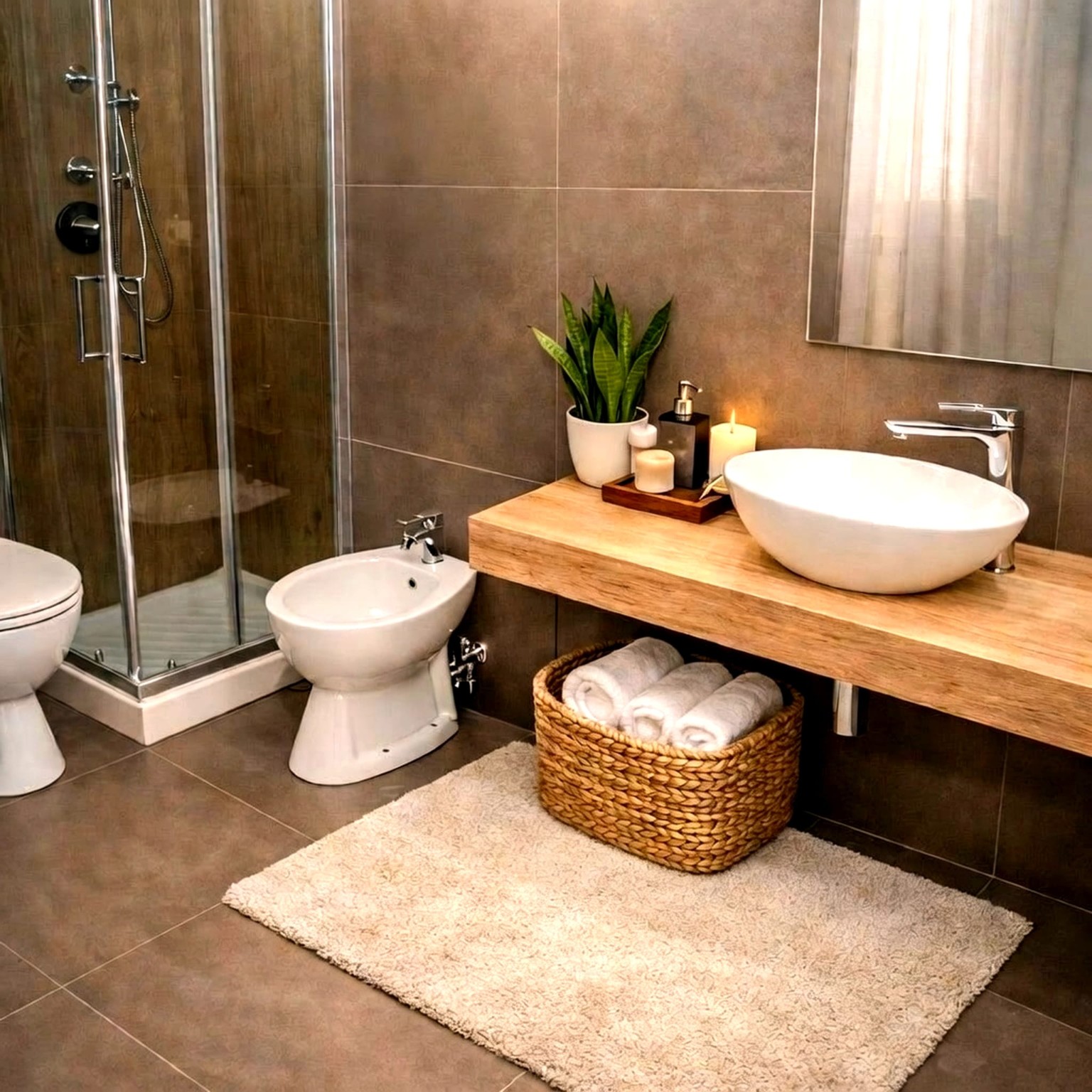 Bagno Aghena con lavabo, pianta e cesto di asciugamani