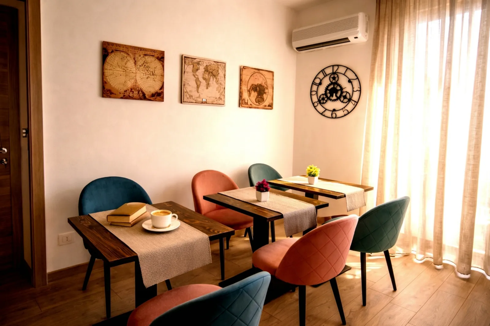 Sala comune di Aghena con tavoli e sedute colorate